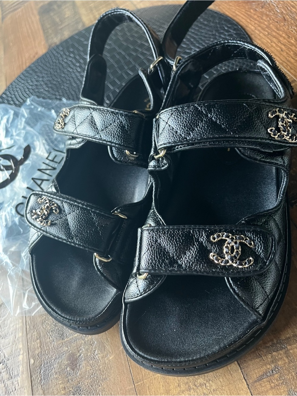 CHANEL Black Quilted Double-Strap Sandals